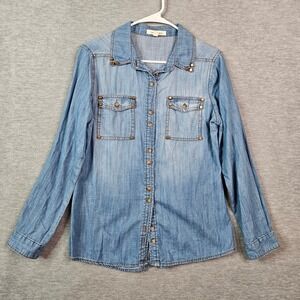 Life In Progress Womens L Denim Button Up Blue Shirt Studded Western Light Wash